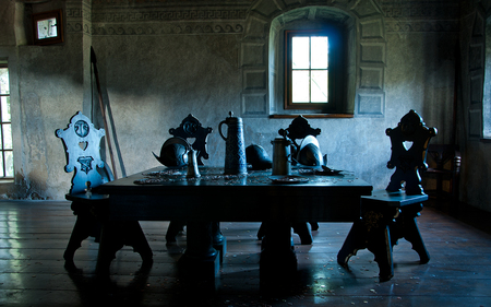 Orava castle - money, coins, dark, window, castle, armour, table, medieval, wooden floor, knights