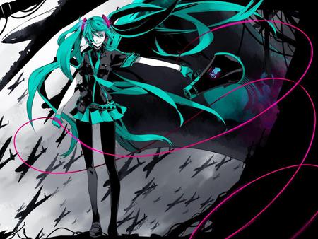 Hatsune Miku - hatsune miku, dark, twin tails, girl, long hair, green, black