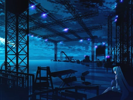 Hatsune Miku - hatsune miku, sky, alone, blue, night, anime, resting