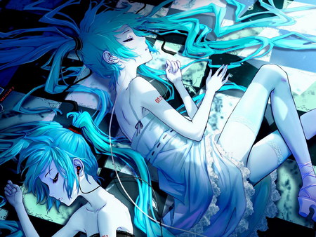 Hatsune Miku - twin tails, vocaloid, dark, anime, girl, resting, twins, dress, sleeping, long hair, light