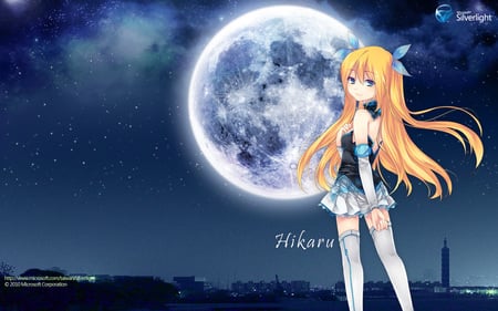 Hikaru - sky, female, hot, anime girl, cloud, blonde hair, orange hair, anime, ribbon, cute, scene, moon, sexy, stars, scenic, girl, landscape, blue eye, night, long hair, star, town, scenery, city, dress