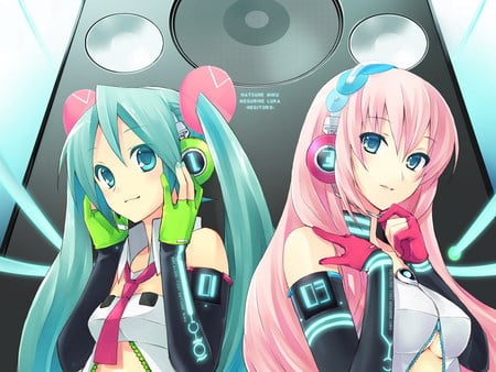 Miku & Luka - hatsune miku, girl, headphone, long hair, music, twin tails, pink, vocaloid, blue, anime, smile, luka megurine