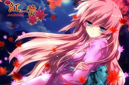 Megurine Luka - Akahitoha - pretty, red leaf, anime, vocaloid, pink, leaves, luka, virtual diva, music, title, red, nice, sky, blue eyes, idol, clouds, beautiful, megurine, beauty, kimono, cool, orange, fall, awesome, diva, autumn, megurine luka, cute, vocaloids, song