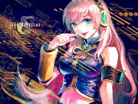 Megurine Luka - pretty, anime, microphones, vocaloid, female, blue, luka, virtual diva, music, headphones, nice, pink hair, blue eyes, beautiful, megurine, girl, beauty, cool, black, pin, awesome, diva, megurine luka, cute, headset, vocaloids, song