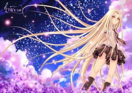 Purple Cloud - star, anime, female, scenery, yellow eye, scene, dress, pink, long hair, purple, sky, anime girl, hot, girl, sparkling, blonde hair, scenic, spark, fantasy, sparker, cloud, cute, sexy