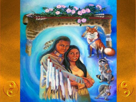 a North Wind and  Lynx - woman, fox, indian, man, animals, family, flowers