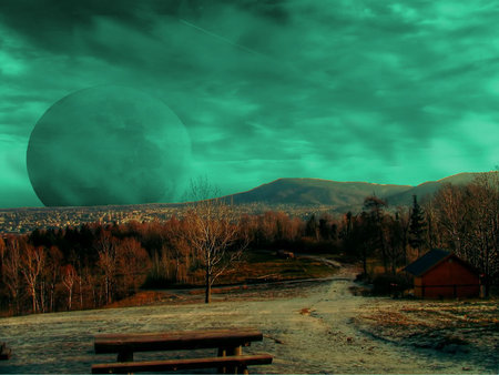 planet in the mist - landscape, mountain, green, space, planet