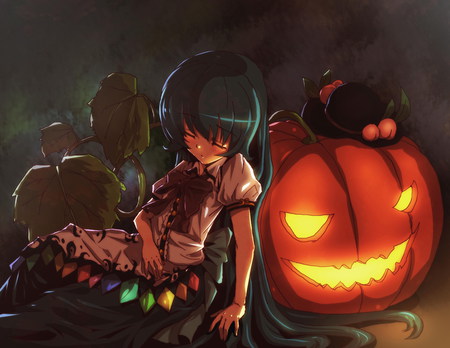 Let's call it a day.. - sleeping, pumpkin, hat, peach, long hair, blue hair, halloween, touhou, hinanawi tenshi, jack-o-lantern