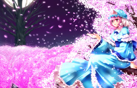 Cherry Blossoms - anime, female, dress, night, pink, short hair, petal, pink hair, moon, anime girl, sakura, cherry blossom, hot, pink eye, girl, sakura blossom, flower, cute, sexy