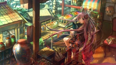 China Town - vase, house, clothes, food, girl, vases, chair, ice, train, houses