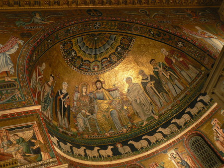 Church interior - wall paintings, inside dome, apostles, church, gold paint