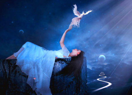 Light of hope - landscape, dove, girl, hope, path, fantasy