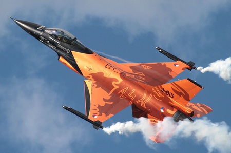 F-16 (J-015) - jet, f16, fighting, orange, ned, falcon, plane