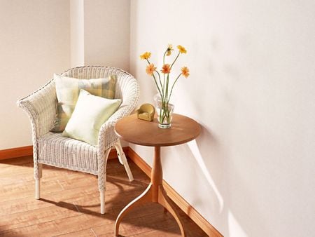 beautiful home corner - nice, room, pilows, vase, art photo, corner, chear, round table, rattan, flowers, small