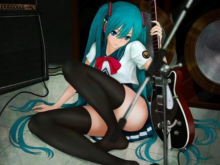 Miku Hatsune - aruk, vocaloid, twintails, thighhighs, seifuku, hatsune miku, long hair, guitar, nopan, aqua hair