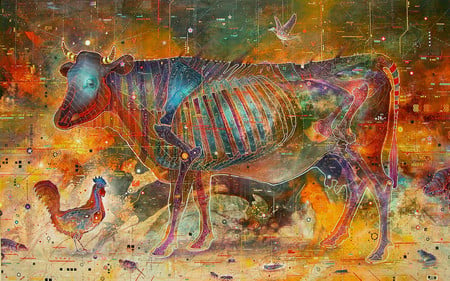 psychotropicanatomy - anatomy, abstract, cow, yellow, blue, colorful, animal, red, green, bones