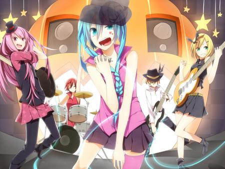 Vocaloid's Halloween Band - aqua, guitar, pumpkin, stage, drums, thighhighs, colorful, yellow hair, brown hair, halloween, instrumeants, rin, yellow, megurine luka, anime, miku, musical instruments, luka, hatsune miku, stars, pink haitm blue hair, skirt, kagamine rin, meiko, band, vocaloids, len, vocaloid, pink, kagamine len, dress, lights