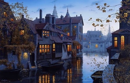 By the river - reflections, lit windows, houses, trees, evening, river, boat