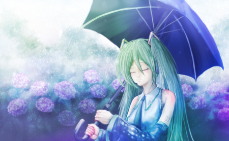 Hatsune Miku - pretty, tie, anime, vocaloid, twintail, hatsune miku, contrast, flowers, aqua, umbrella, rain, nice, blue eyes, idol, abstract, realistic, beautiful, virtual, beauty, cool, miku, awesome, diva, cute, aqua hair, hatsune, vocaloids