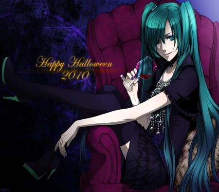 Happy Halloween - nice, hot, thighhighs, twintail, black, virtual, halloween, purple, cool, 2010, anime, miku, hatsune miku, sexy, girl, blue eyes, hatsune, vocaloids, blue hair, chair, vocaloid, blue, awesome, diva, dress