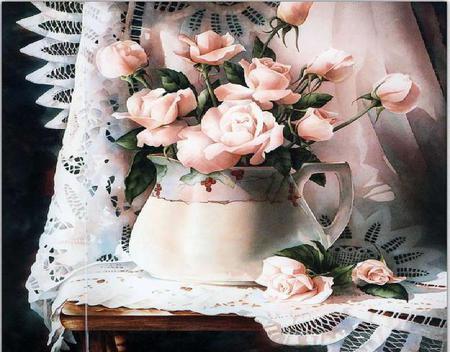 Pink Roses Still Life - cloth, painting, pink roses, pitcher, lace, table, still life