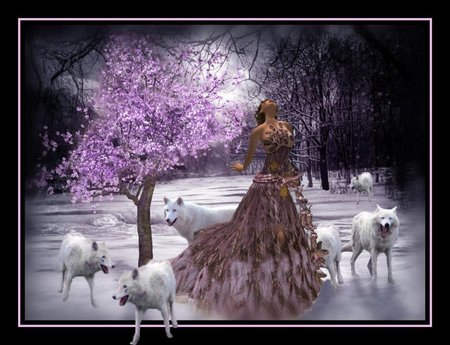 WARM HEART - wolves, blossoms, trees, female, snow