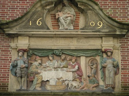 17th century Dutch plaque - relief, dinner, dogs, beglar, poor, plaque, rich, 17th century clothings