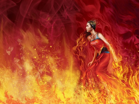 Firewoman - yellow, red, woman, fire