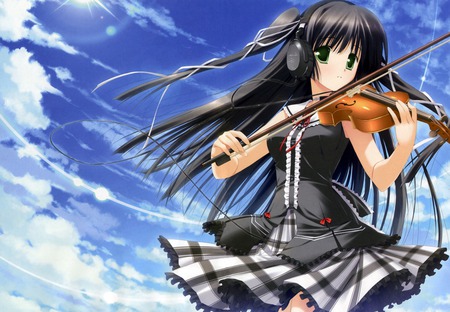 music girl - girls, sky, sexy, female, headset, black, blue, anime, violin, cute, dress