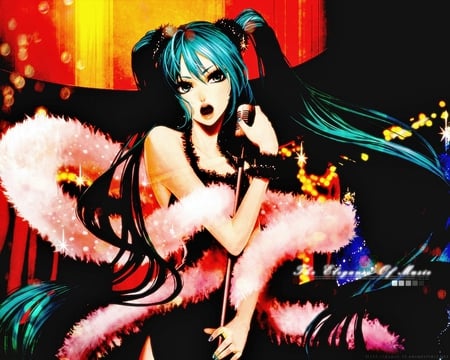 Hatsune Miku - virtual, miku, hatsune, cute, beautiful, vocaloids, girl, microphone, colorful, blue hair, pretty, cool, beauty, awesome, vocaloid, anime, twintail, dress, diva, blue, famale, pink black, nice, stage, blue eyes, idol, hatsune miku