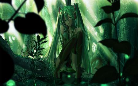 Hatsune Miku - pretty, tie, anime, twintail, hatsune miku, forest, leaves, blue hair, nice, woods, blue eyes, idol, trees, skirt, beautiful, girl, thighhighs, virtual, beauty, cool, miku, awesome, diva, cute, hatsune, vocaloids, vcaloid