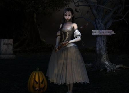 Halloween Night - night, halloween, girl, pumpkin