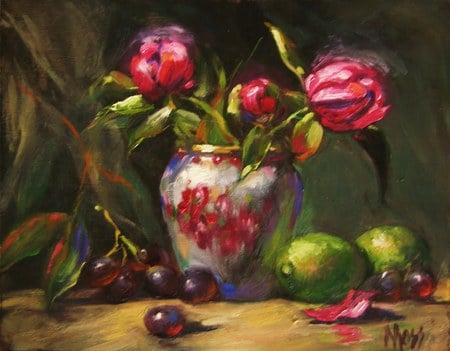 Old Fashion Pleasures - tulips, antique, vase, purple, limes, floral, red, display, leaves, green, flowers, grapes