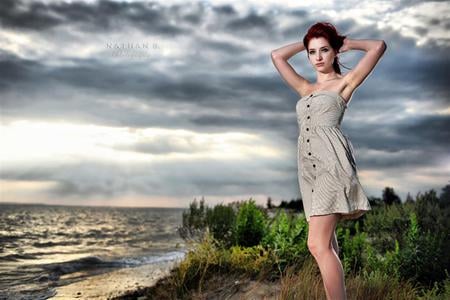 Sandy Hook - red, people, model, beautiful, beach, sexy, hair, overcast