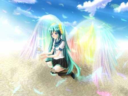 Hatsune Miku - angel, wings, thighhighs, colorful, anime girl, cool, sly, hatsune miku, rainbow, skirt, blue eyes, blushing, vocaloids, beautiful, vocaloid, uniform, letters, nice, beauty, beach, twintail, pretty, clouds, anime, miku, sand, cute, turquoise hair, pigtails, blue hair, hatsune, winged, blue, awesome