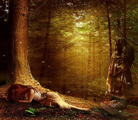 Desolation - trees, grim reaper near, lying on forest floor, forest, light, desolate, woman, despair, gree and gold hues