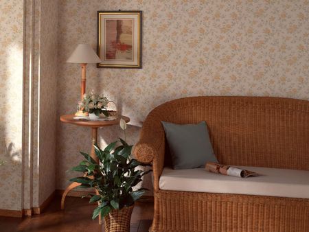 Beautiful Corner 3 - sofa, room corner, still life, vase, round, window, art photo, beautiful, table, lamp, rattan, flowers