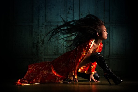 Warrior Princess - silk, strength, flowing hair, boots, beautiful, kimono, focused, protector, red, poised, brunette