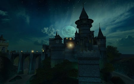 Ancient Castle - screenshot, cool, dark, bridge, knight, moat, midieval, moon, 3d, castle, ancient