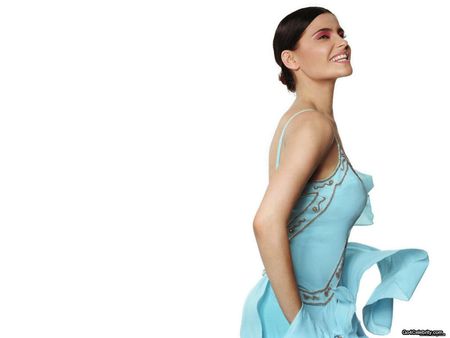 Nelly Furtado - dark hair, smile, female, agua marine dress, singer, pop