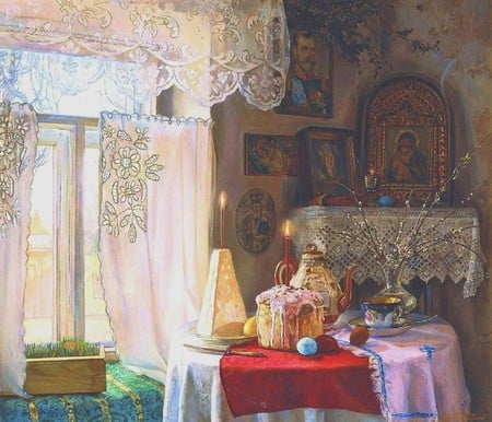 Granny's Home - curtains, candles, dishes, vase, cloth, cake, tea pot, window, lace, table, shelf, family, pictures, sunny, birthday, flowers