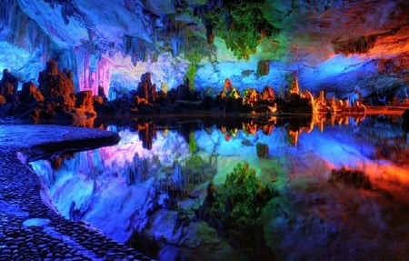 Reed Flute Cave - pathway, reflection, water, stalagmites, stalactites, cave