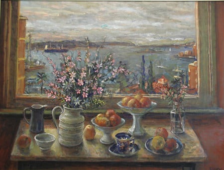 Inside Out - still, cups, scenery, images, window, fishing, bowls, flowers, view, fruits, dishes, sea, table, vases, boats, saucers, floral, pleasant, bay