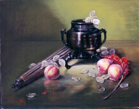 Silent Symphony - jar, colours, plums, still rolling pin, black, flower, silver dollars, harmonize