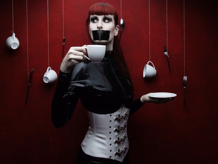 Puppet Show - woman, lady, coffee, girl, puppet, gothic, fantasy, show, abstract, dark, red, beautiful