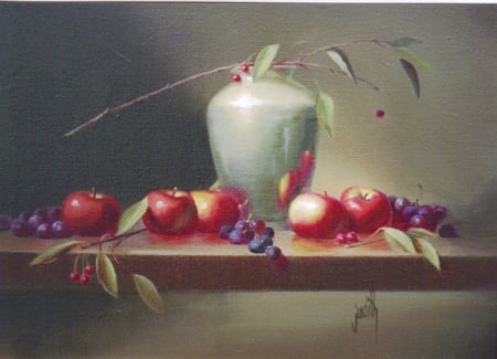 Apple's And Grape's - soft, berries, apples, vase, still, colours, red, table, twig, leaves, grapes