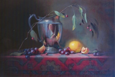 The Artist - stainless, berries, cloth, pitcher, floral, red, table, twig, leaves, lemons, grapes