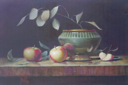 Emerald Pot - wooden, emeral, apples, still, red, twig, green, table, leaves, pot