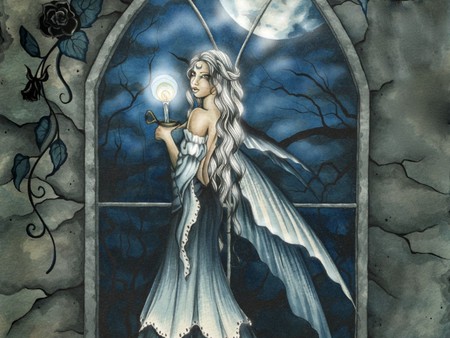 NIGHTFALL - moon, female, candle, fairy, night