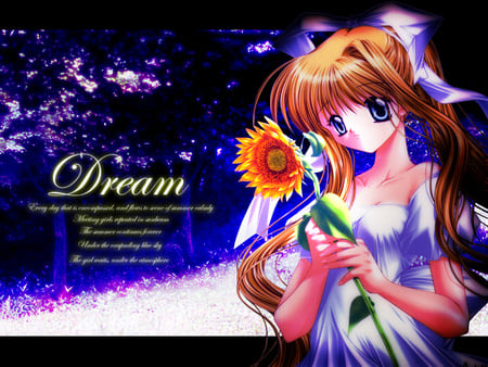 AIR Dream - trees, air, dream, white dress, misuzu kamio, smile, sunflower, cute anime girl, blue eyes